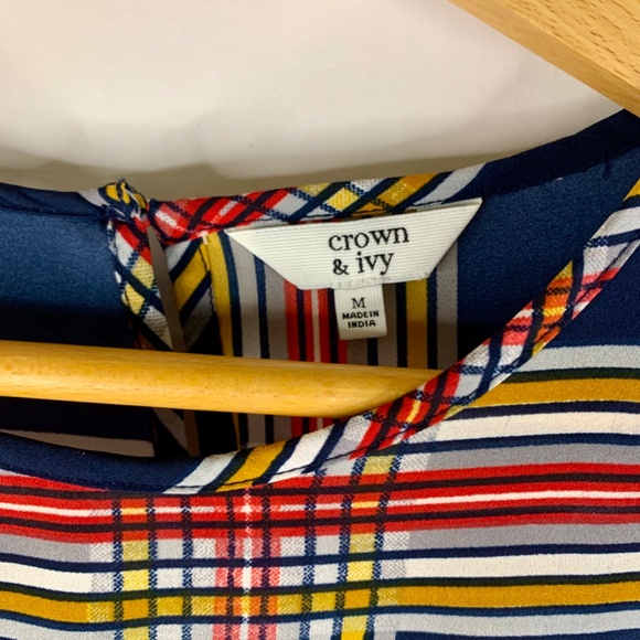 Holiday Christmas party preppy Red Blue yellow ruffled plaid lightweight blouse - Picture 2 of 9